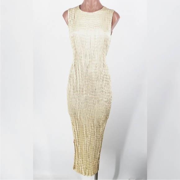 Theory Satin Gold Crinkle MIDI Dress Sz 4 - Picture 1 of 8